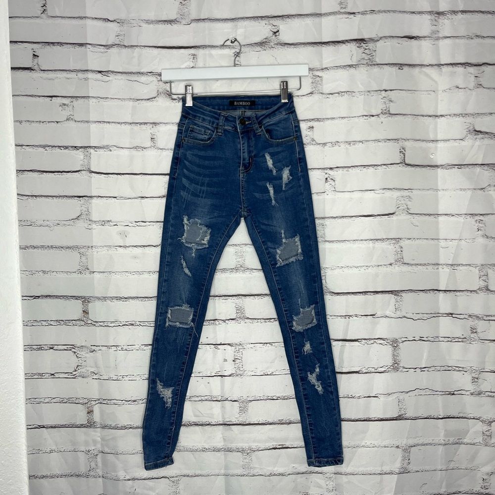 Bamboo High Rise Distressed Skinny Jeans Women’s 0 Medium Wash Stretch Denim